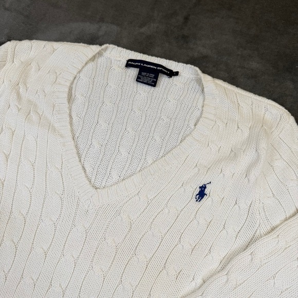 Ralph Lauren Sport Sweaters - Ralph Lauren Sport Cable Knit Sweater Womens Large White V Neck Cotton